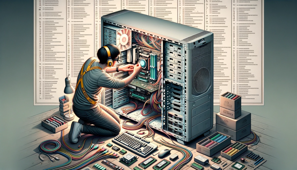 image of a boy kneeling wearing headphones looking inside a a desktop computer that is bigger than him. Surrounded is hardware components